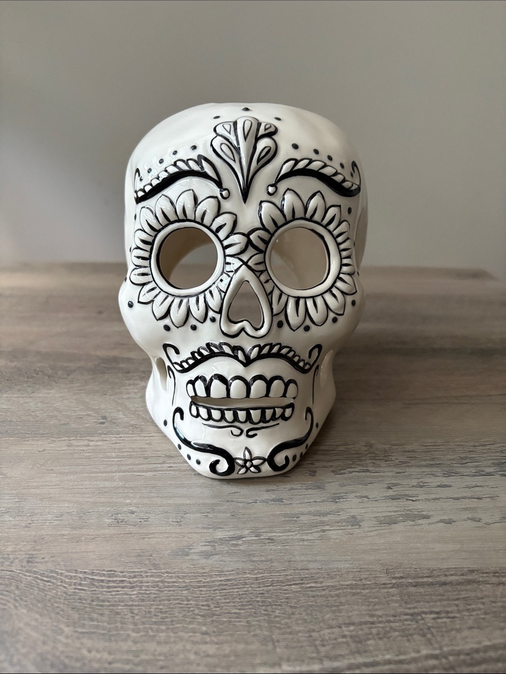 Blue Sky White and Black Ceramic Sugar Skull Tea Light Candle Holder